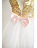 Gold Sequin Ivory Tulle Flower Girl Dress With Pink Bow Sash Gold Sequin Ivory Tulle Flower Girl Dress With Pink Bow Sash